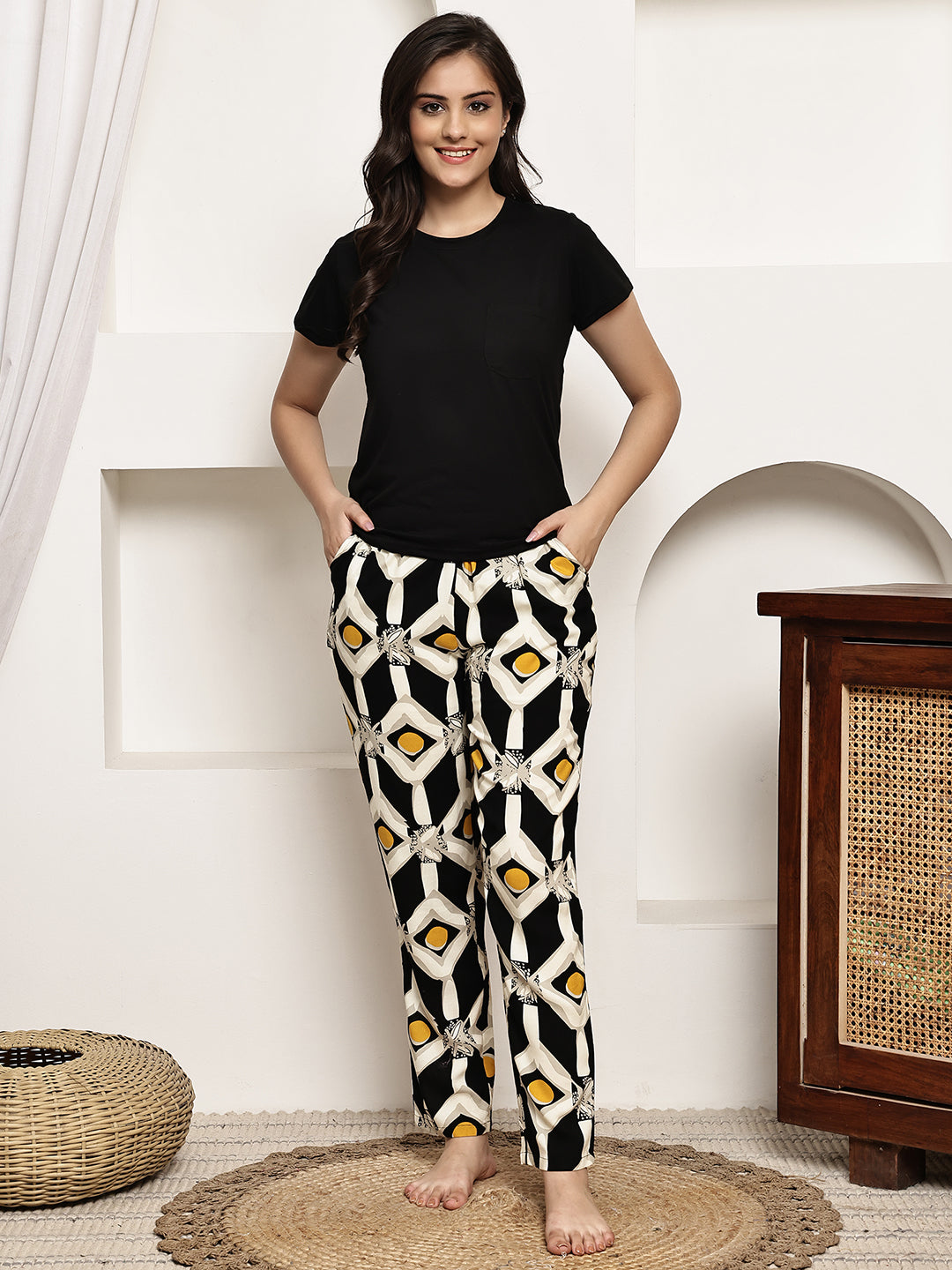 Black Colour Pure Cotton Abstract Printed Night Suit for Women | S-XXL | Claura