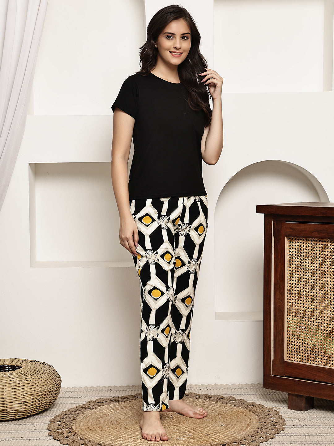 Black Colour Pure Cotton Abstract Printed Night Suit for Women | S-XXL | Claura