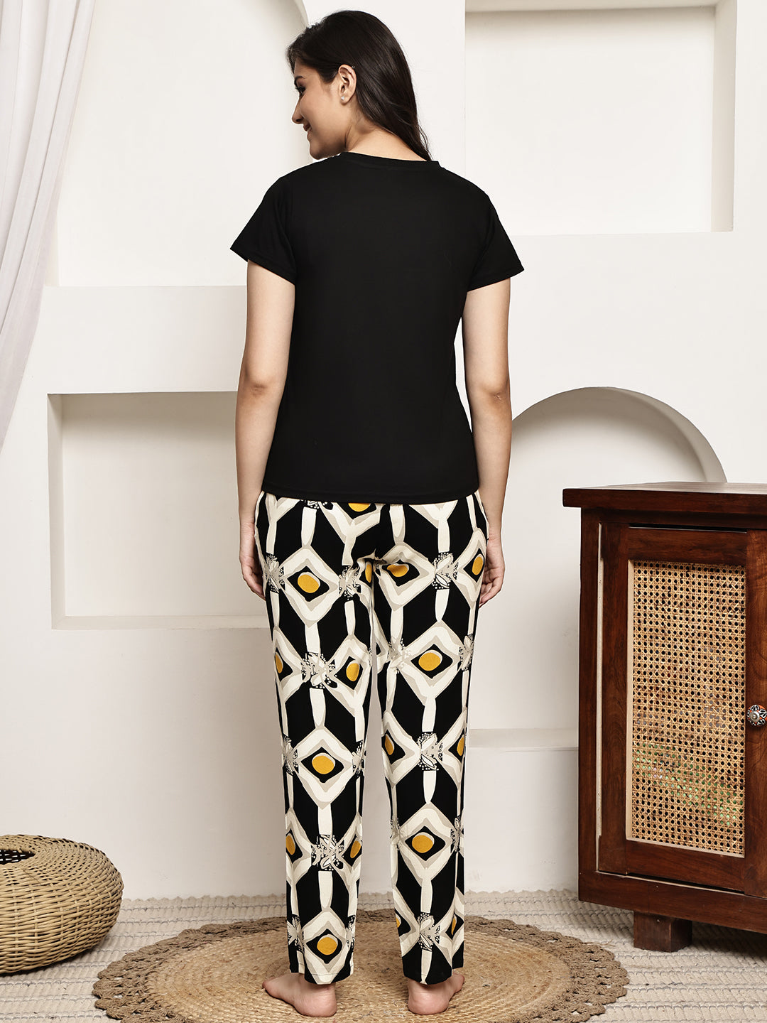 Black Colour Pure Cotton Abstract Printed Night Suit for Women | S-XXL | Claura