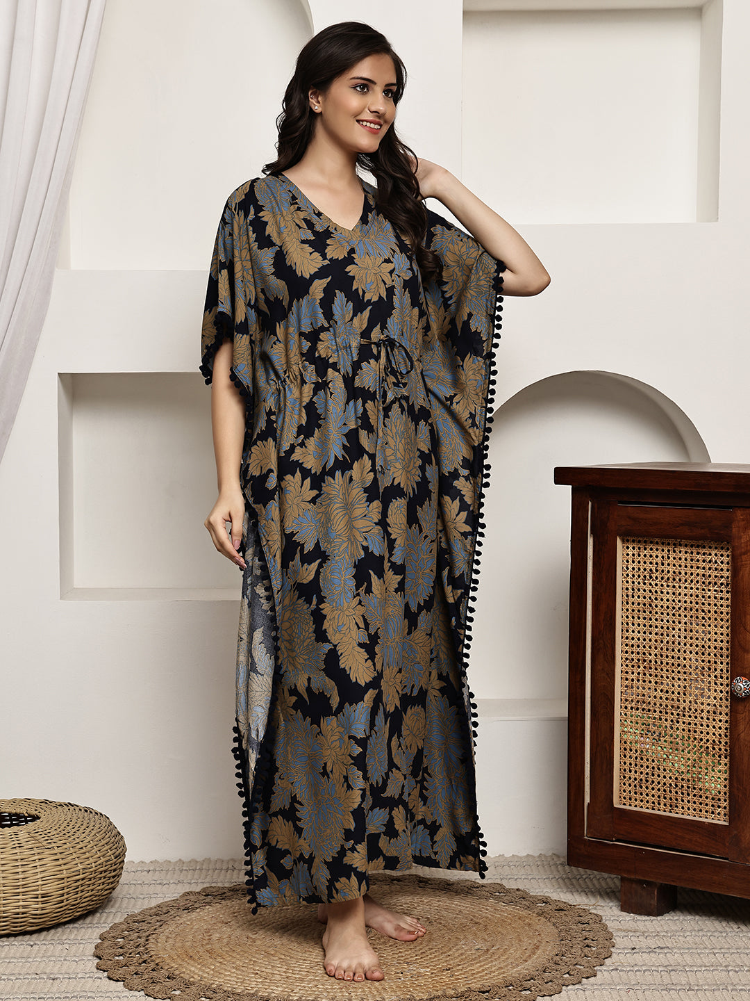 Navy Blue Colour Floral Printed Viscose Rayon Kaftan For Women