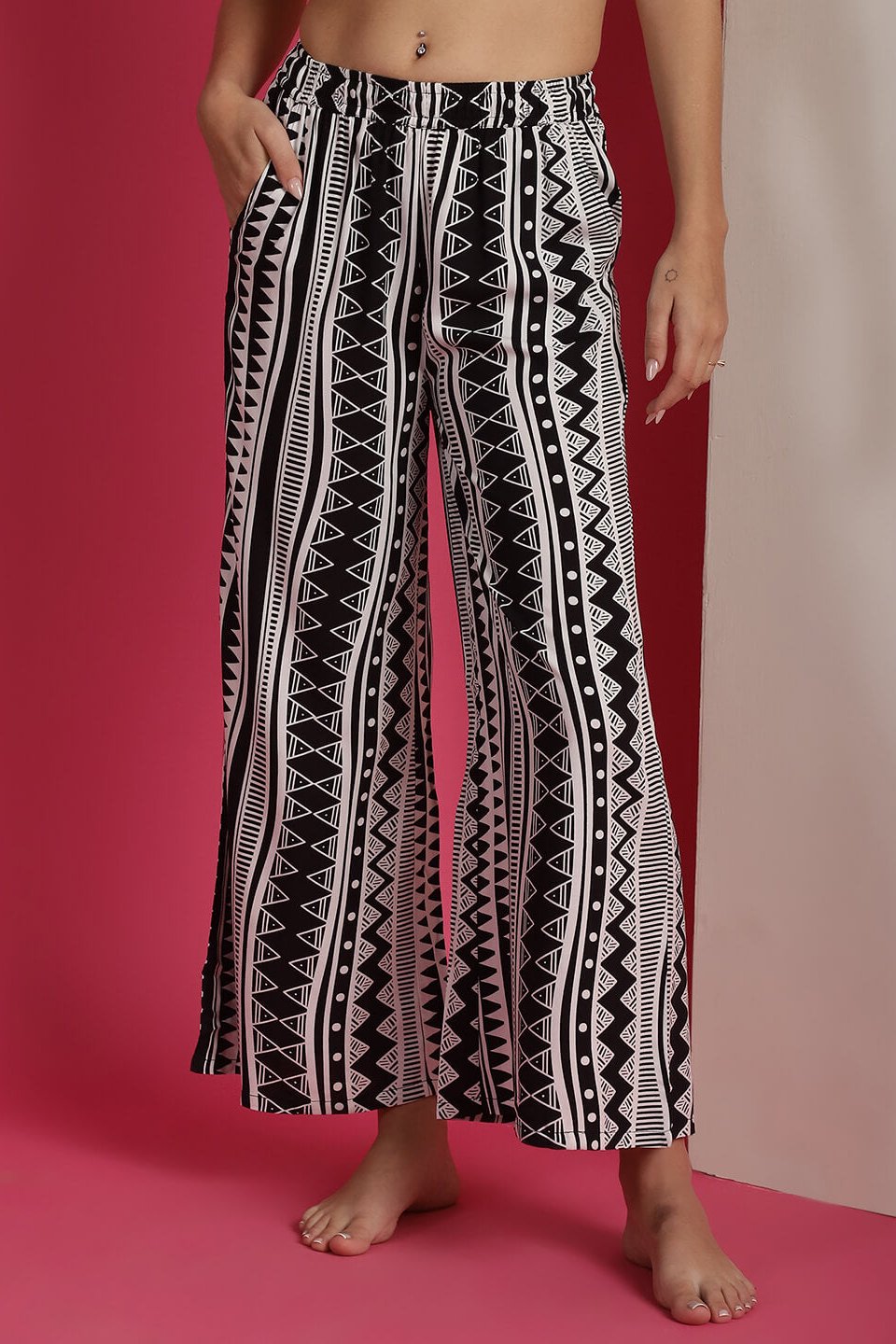 Black Geometric Printed Viscose Rayon Mid-Rise Flared Lounge Pants