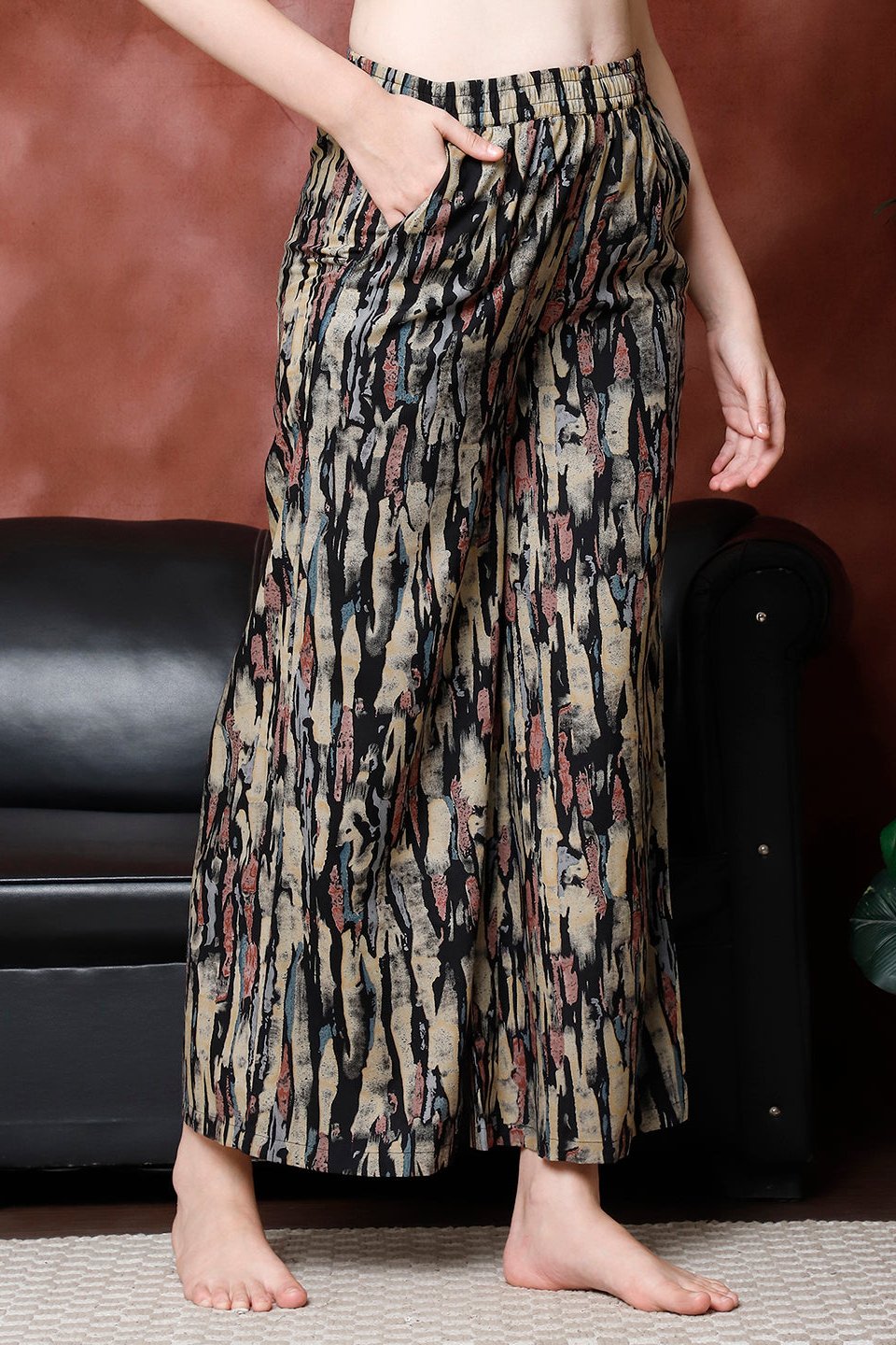 Black  Printed Viscose Rayon Mid-Rise Flared Lounge Pants