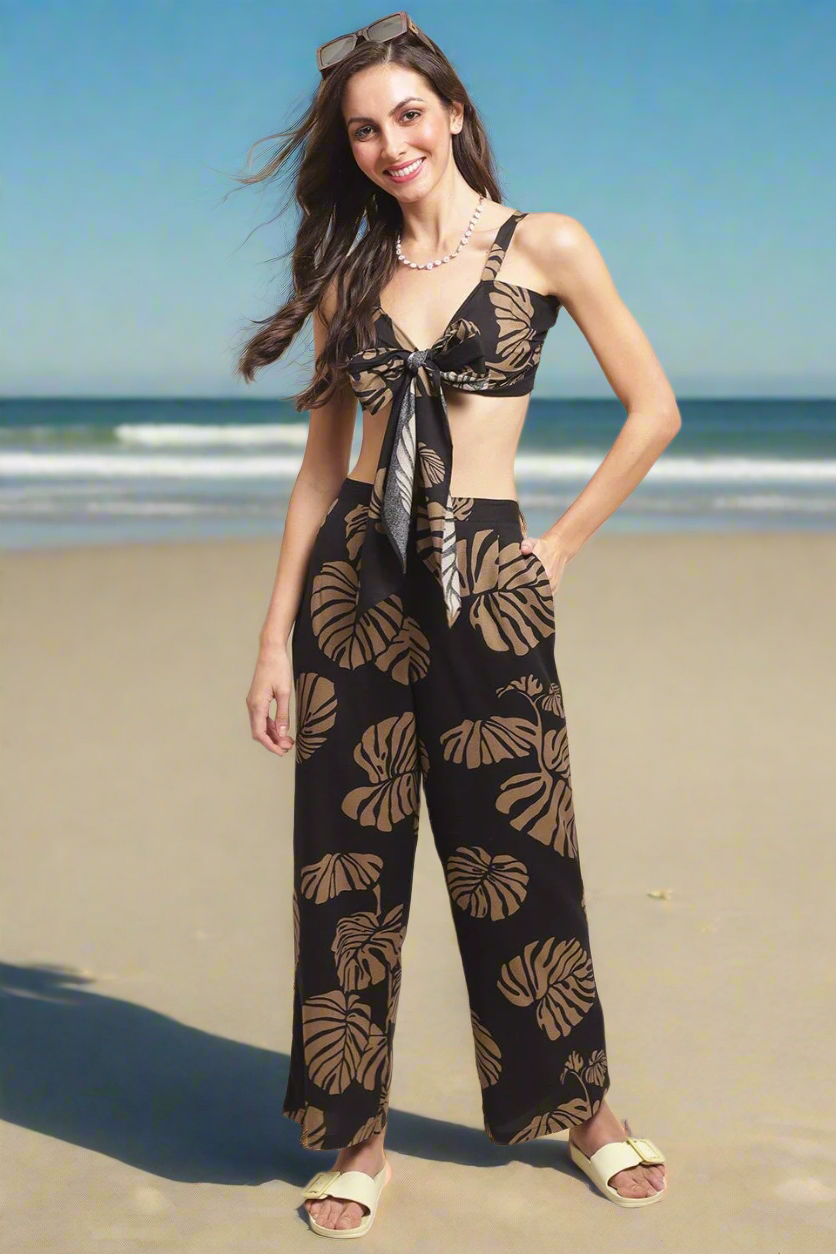 Black Color Leaf Printed Viscose Rayon Beachwear For Woman