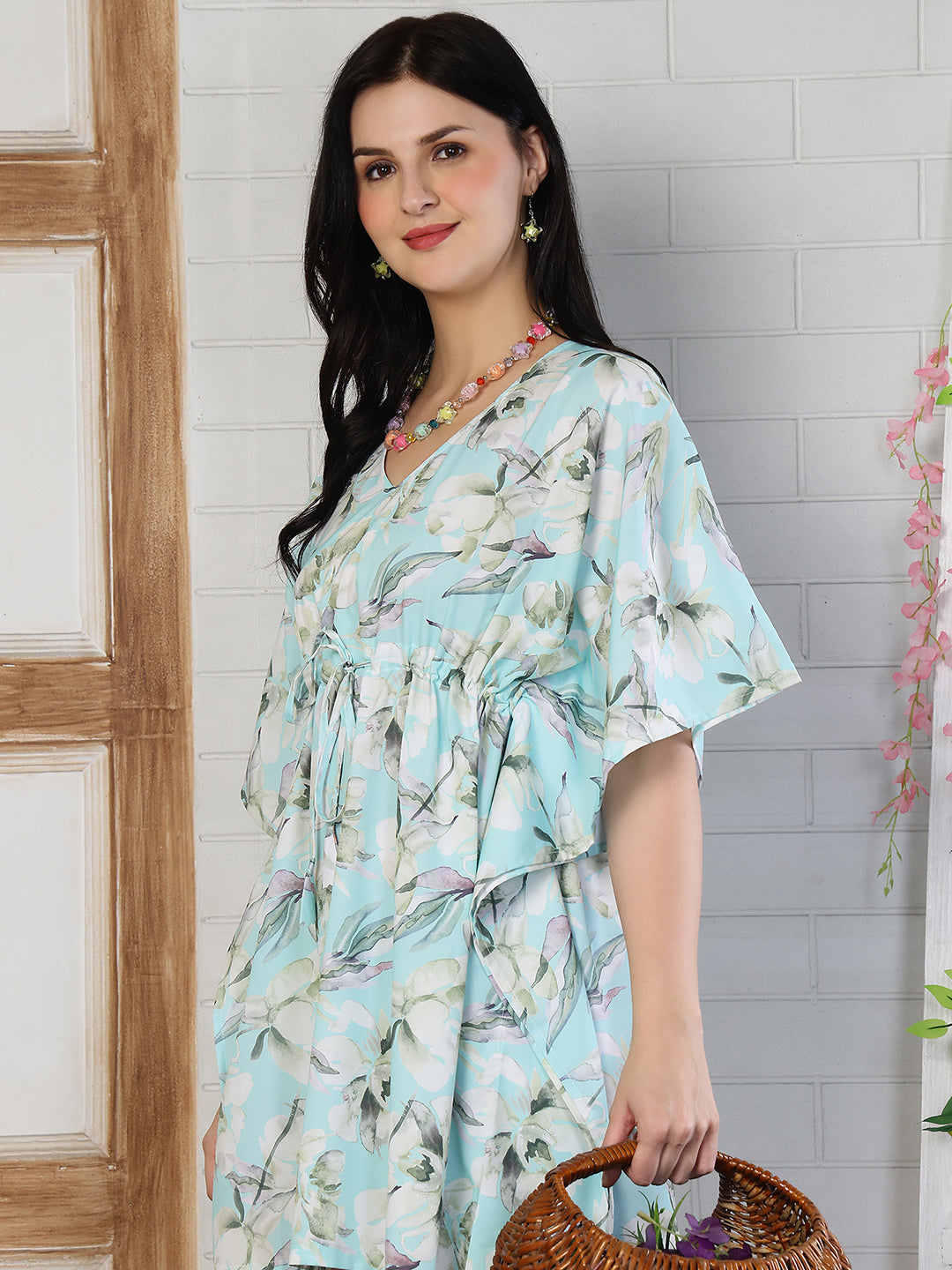 Blue Floral Printed Polyester Swimwear Cover Up Top For Woman | Claura