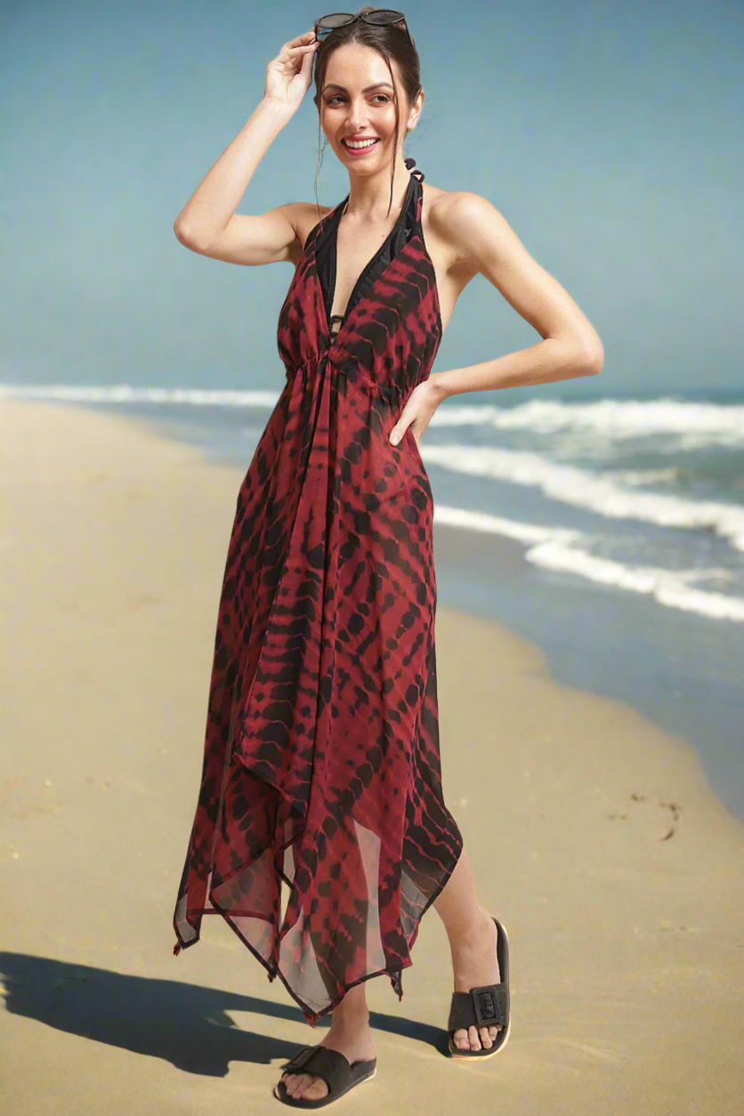 Maroon Color Tie and Dye Printed Georgette Coverup Beachwear For Woman