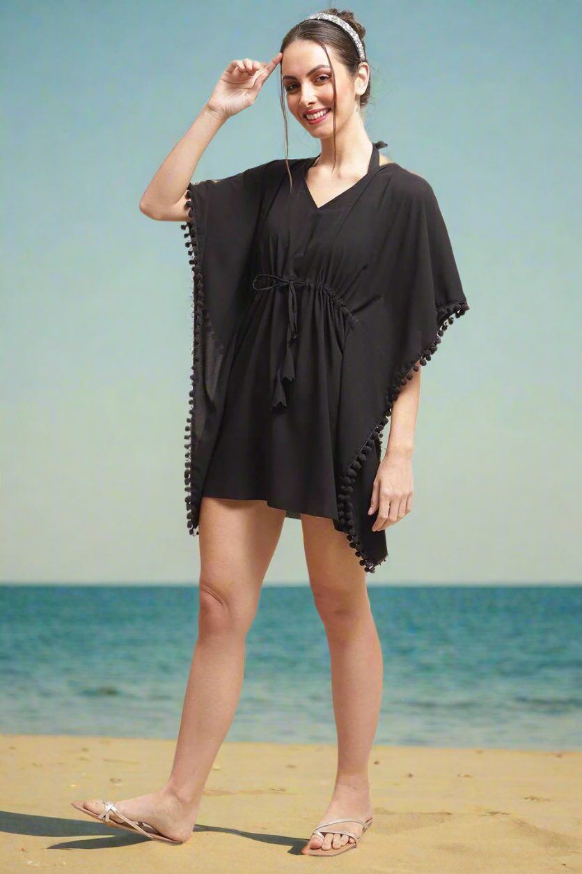 Black Color Solid Printed Georgette Coverup Beachwear Kaftan For Woman