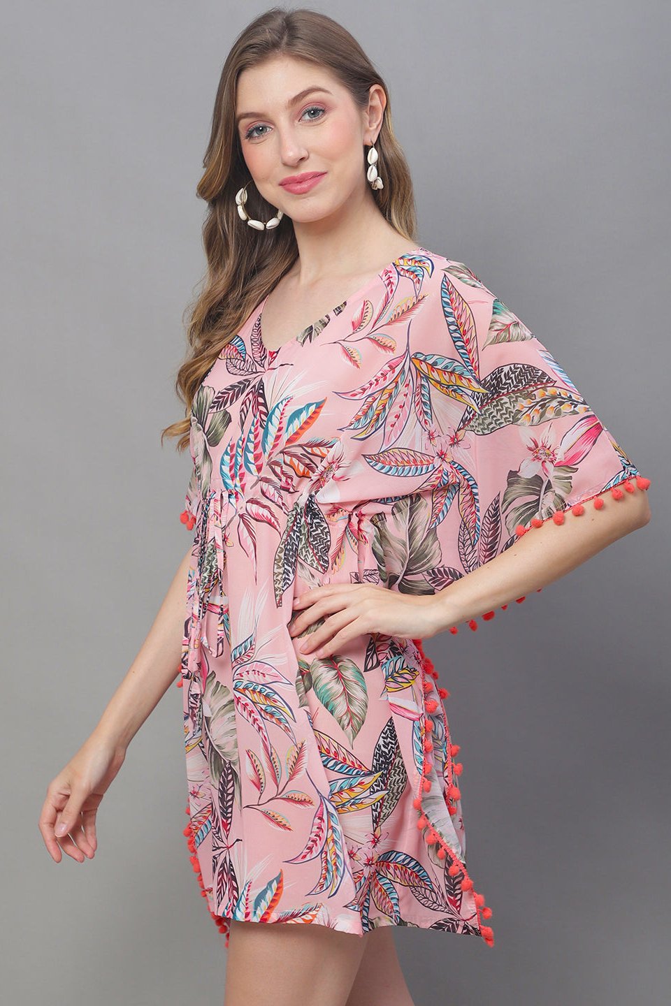 Pink Color Tropical Printed Georgette Beachwear Cover up Kaftan Claura Designs Pvt. Ltd. Kaftan Beachwear, Free Size, Georgette, kaftan, kaftan_freesize, Pink, Printed, Swimwear, tropical