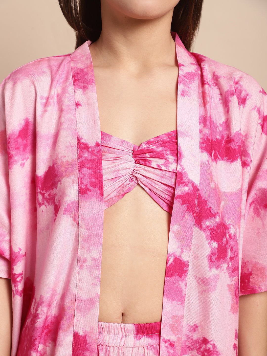 Pink Color Tie and Dye 3 Pcs Cover up With Robe Beachwear Set For Women