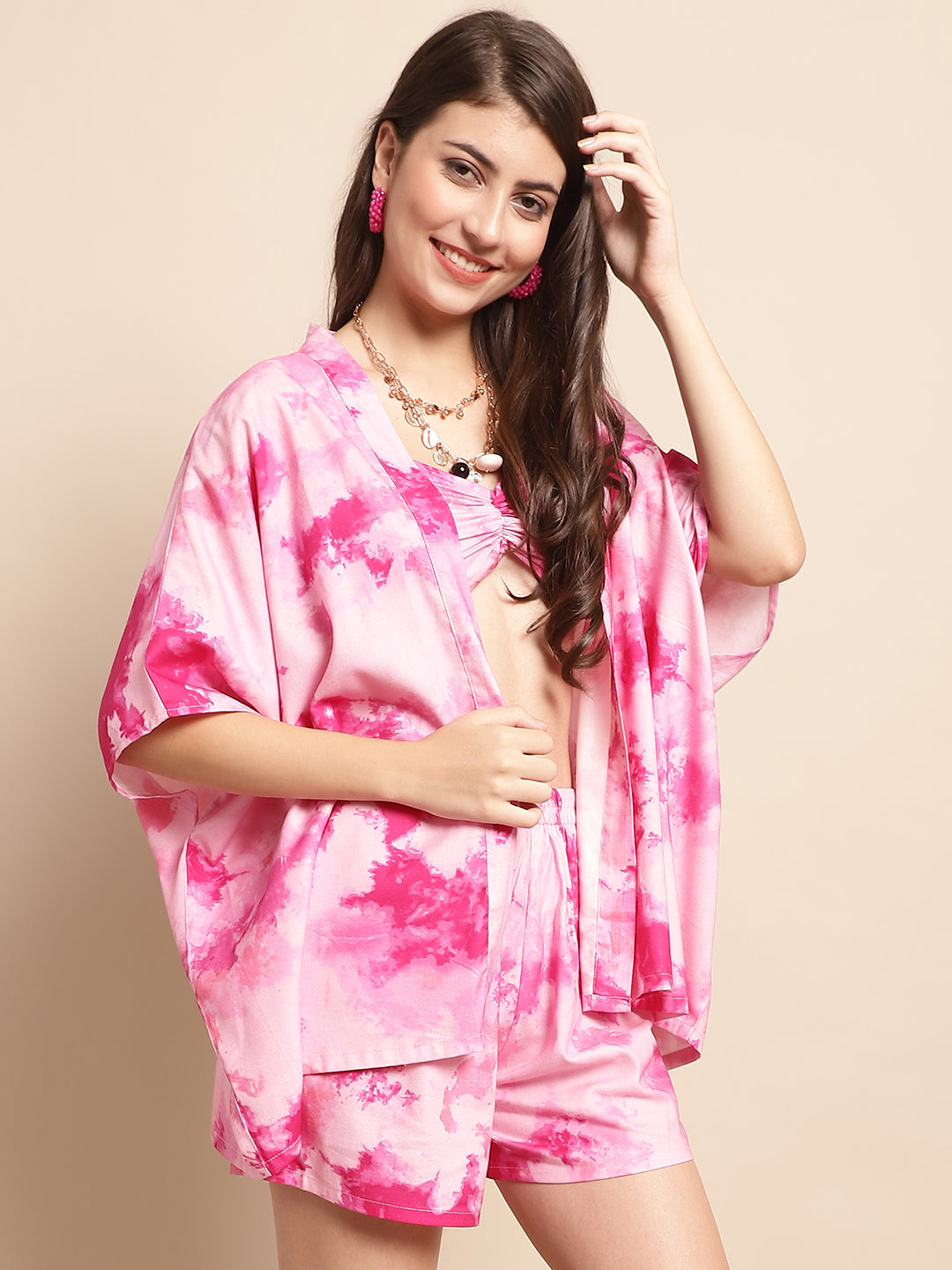 Pink Color Tie and Dye 3 Pcs Cover up With Robe Beachwear Set For Women