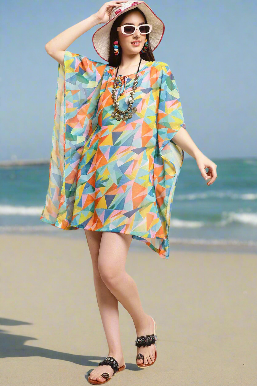 Multi Color Geometric Printed Georgette Beachwear Kaftan For Women