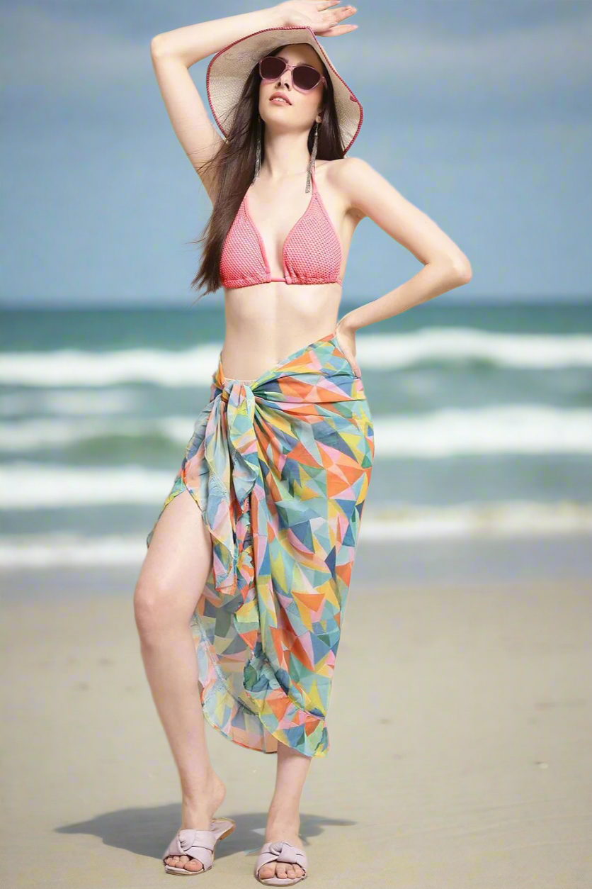 Multi Color Geometric Printed Georgette Bottom Coverup Sarong For Wome