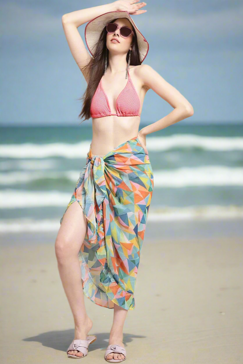 Multi Color Geometric Printed Georgette Bottom Coverup Sarong For Women