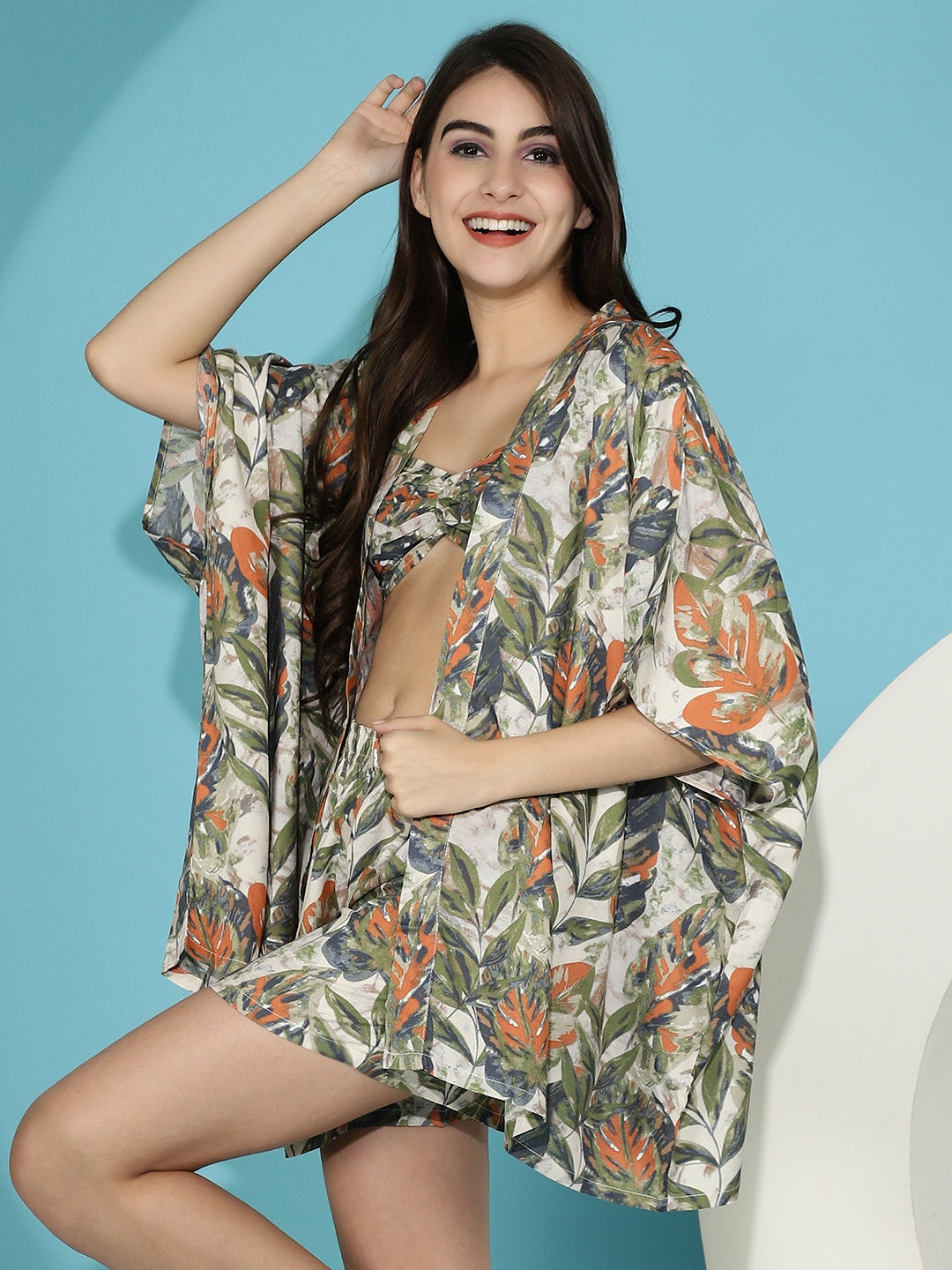Cream Color Floral Printed Viscose Rayon 3 Pcs Cover up Beachwear with Robe Claura Designs Pvt. Ltd. Beachwear 3 pcs, Beachwear, Beachwear_size, Coverup, cream color, Floral, Printed, Rayon