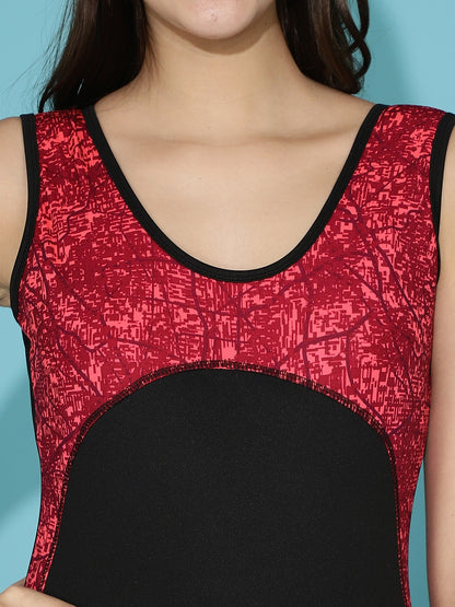 Red & Black Color Abstract Printed Nylon Elastane Swim Bodysuit Claura Designs Pvt. Ltd. bodysuit Abstract, Beachwear, Beachwear_size, bodysuit, Printed, Swimwear