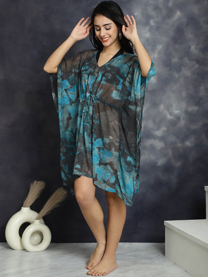 Blue Color Abstract Printed Georgette Coverup  Beachwear Kaftan For Woman