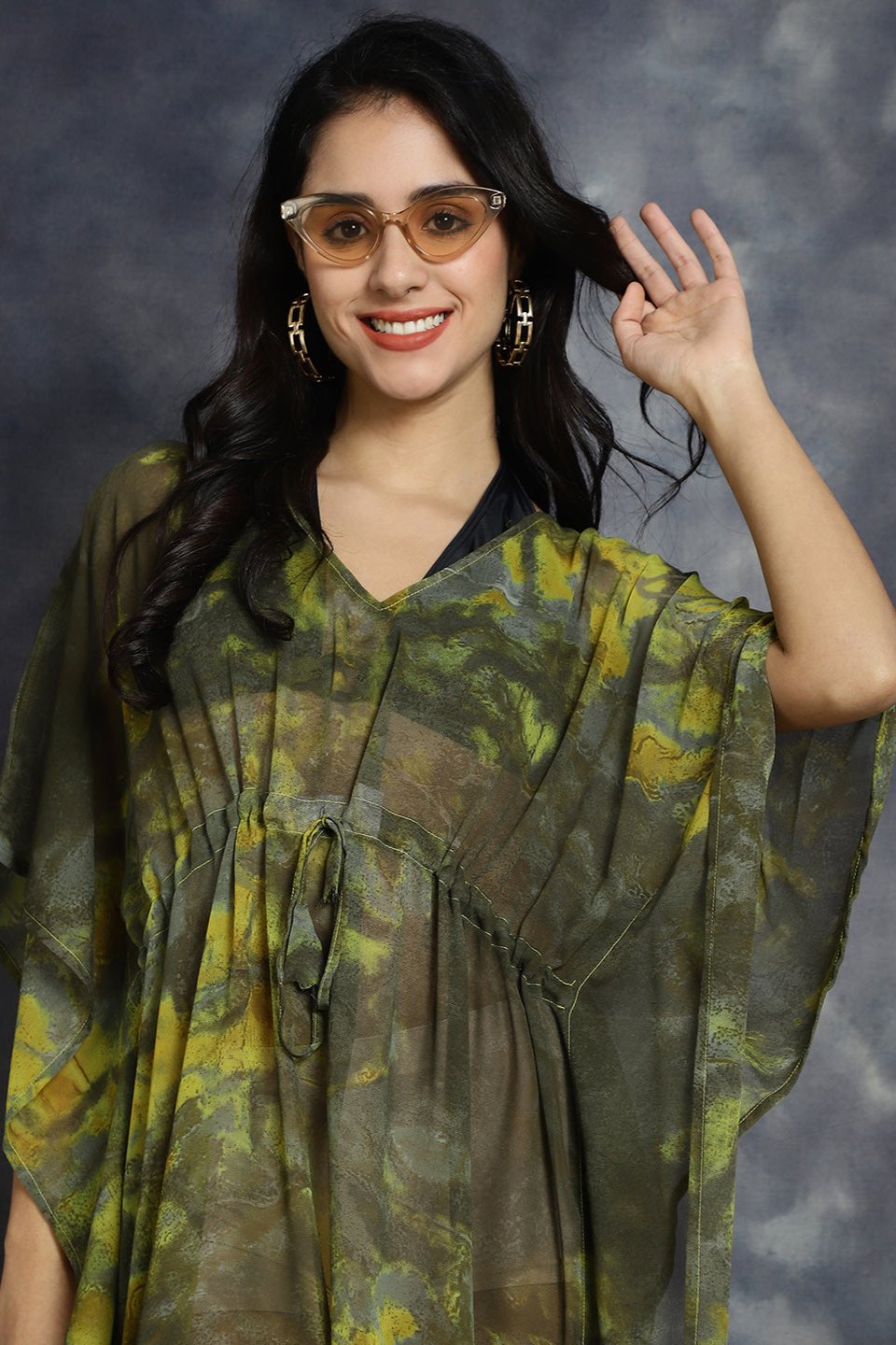 Green Color Abstract Printed Georgette Coverup Beachwear Kaftan For Woman