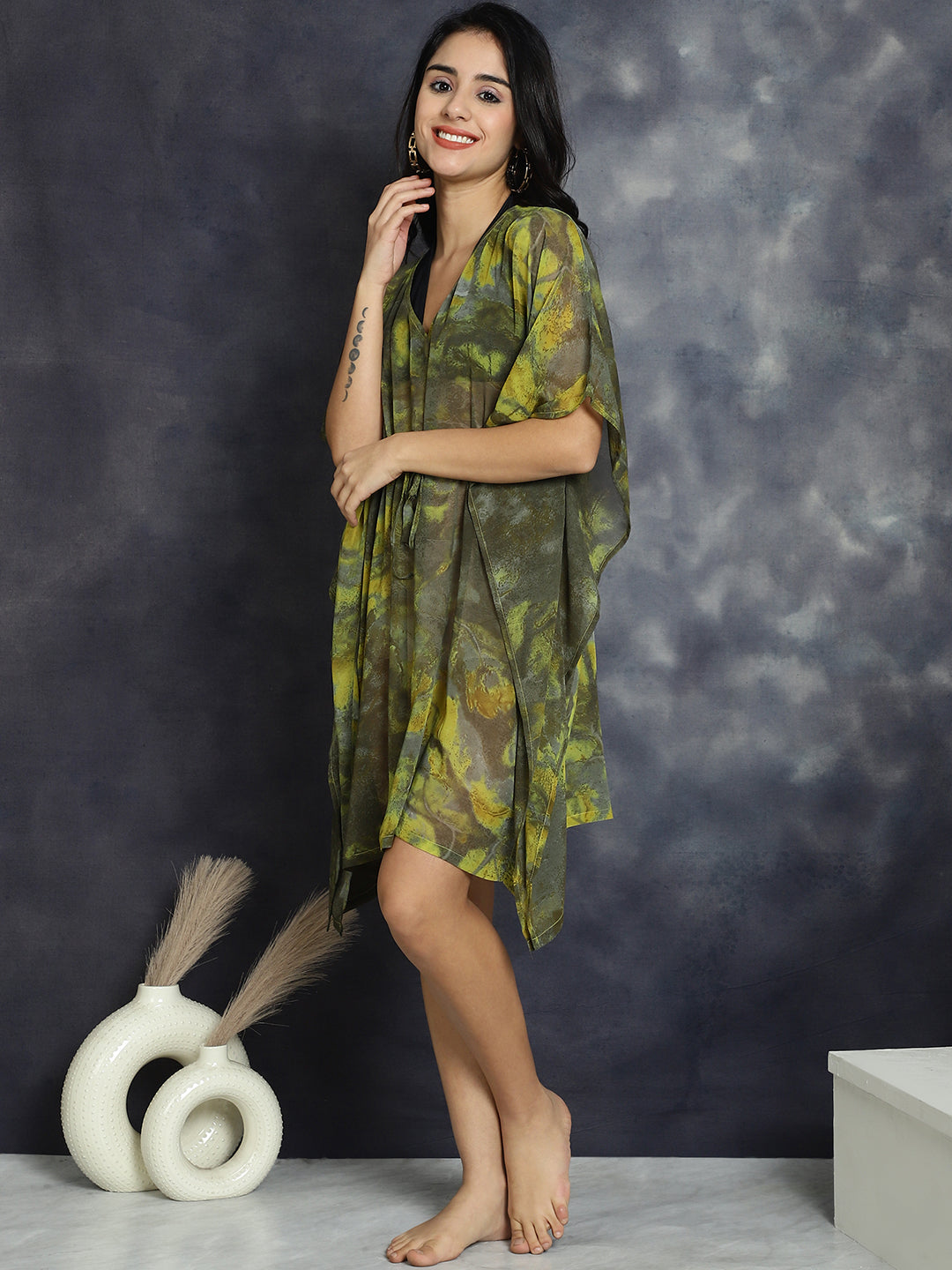 Green Color Abstract Printed Georgette Coverup Beachwear Kaftan For Woman