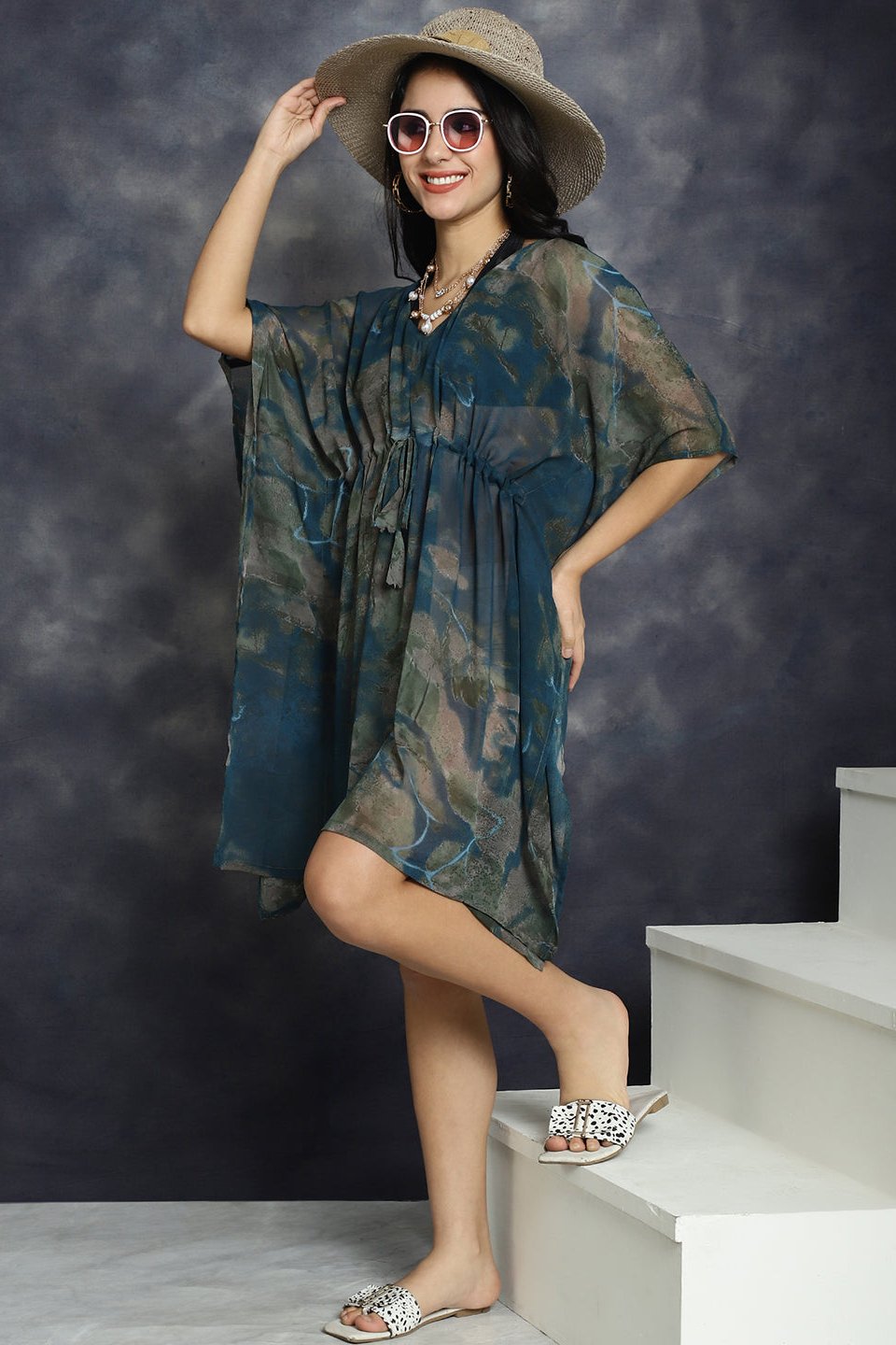 Blue Color Abstract Printed Georgette Coverup  Beachwear Kaftan For Woman