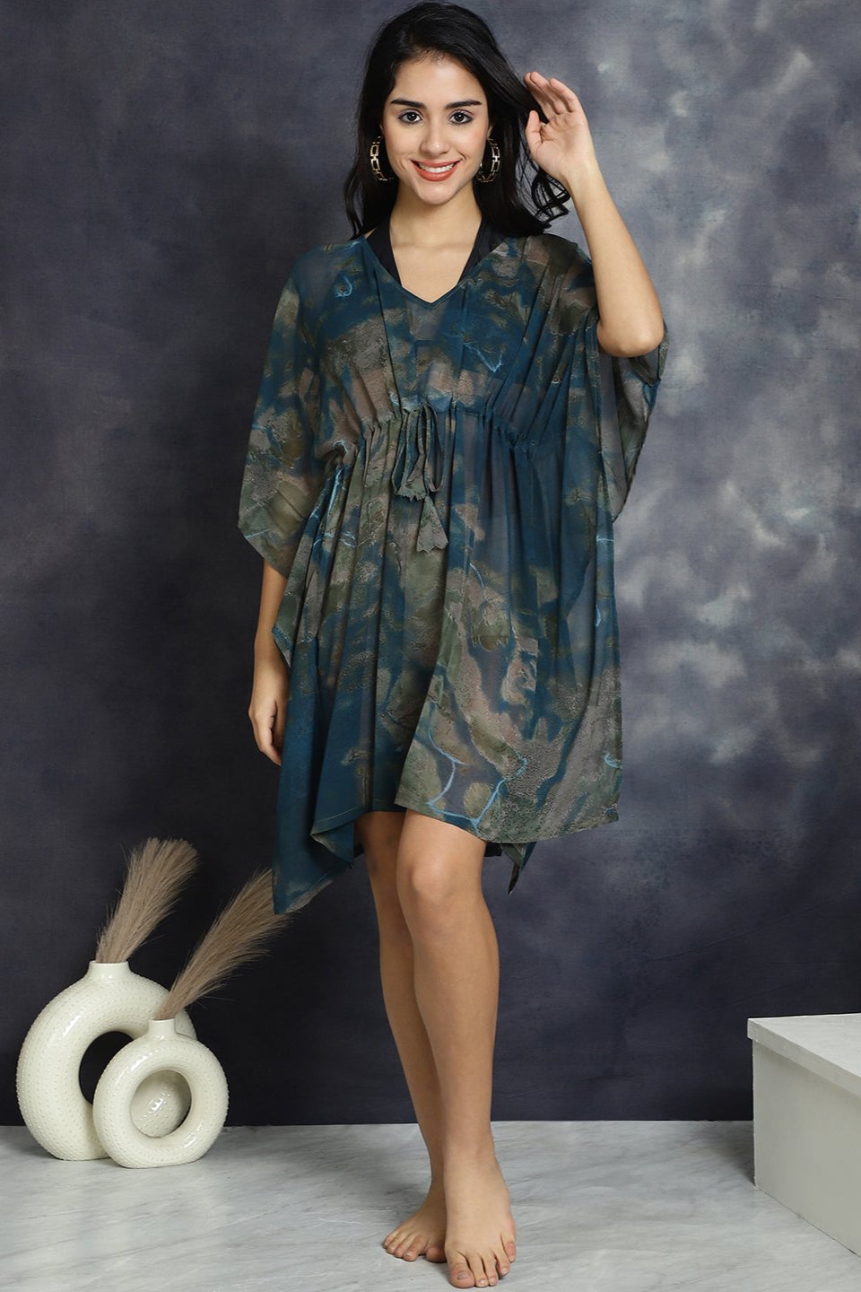 Blue Color Abstract Printed Georgette Coverup  Beachwear Kaftan For Woman