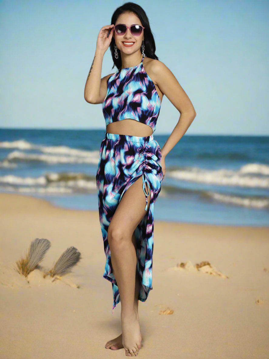 Woman wearing blue abstract beach dress for women