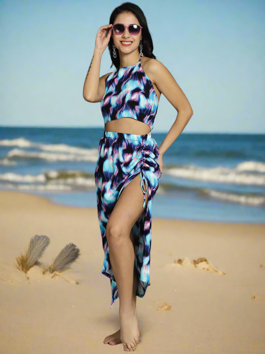 Blue Color Abstract Printed Viscose Rayon Coverup Skirt With Top Beachwear For Woman