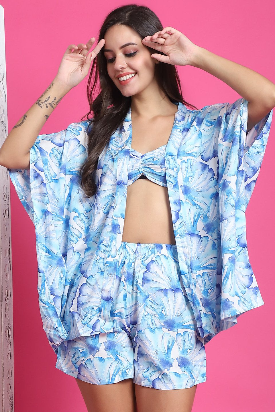 Sky Blue Color Floral Printed Viscose Rayon 3 pcs Coverup Set With Robe Beachwear For Woman