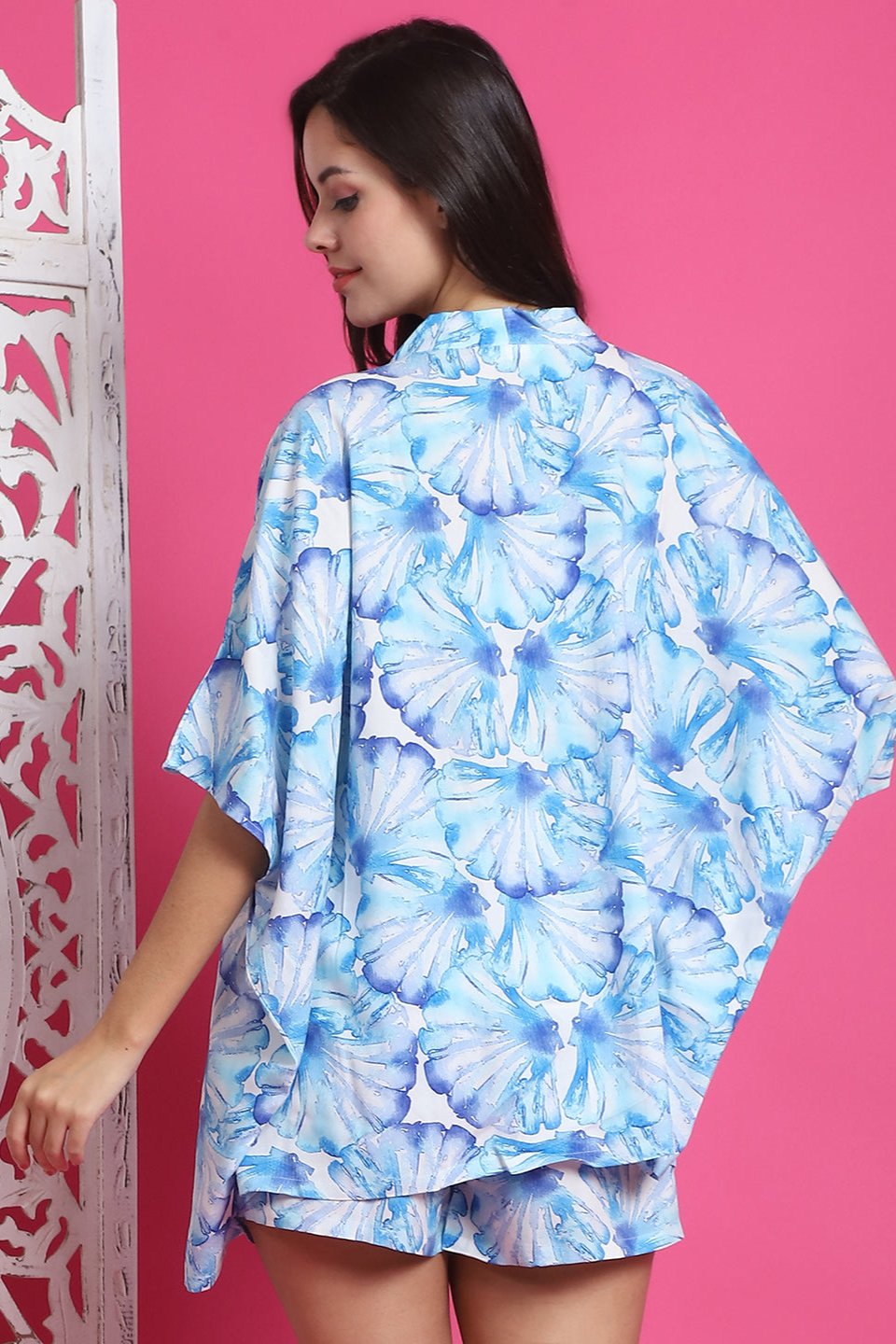 Sky Blue Color Floral Printed Viscose Rayon 3 pcs Coverup Set With Robe Beachwear For Woman