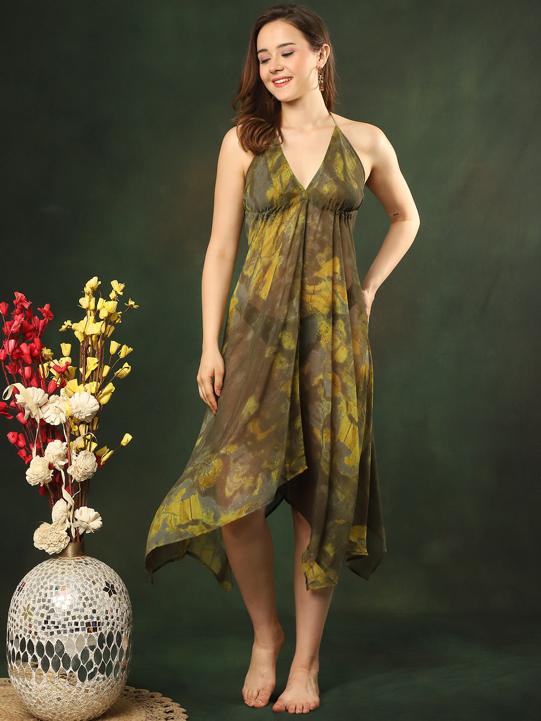 Green Color Georgette Coverup Women Tie & Dye Swimwear Cover Up Dress