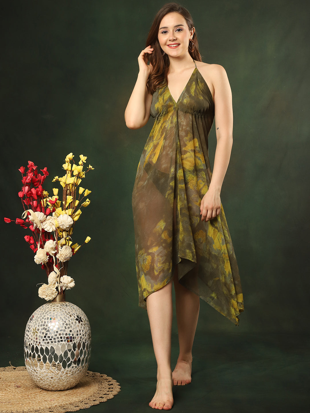 Green Color Georgette Coverup Women Tie & Dye Swimwear Cover Up Dress