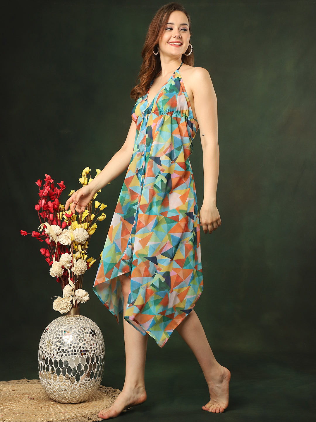 Multi Color Women Abstract Printed Swimwear Cover up Dress