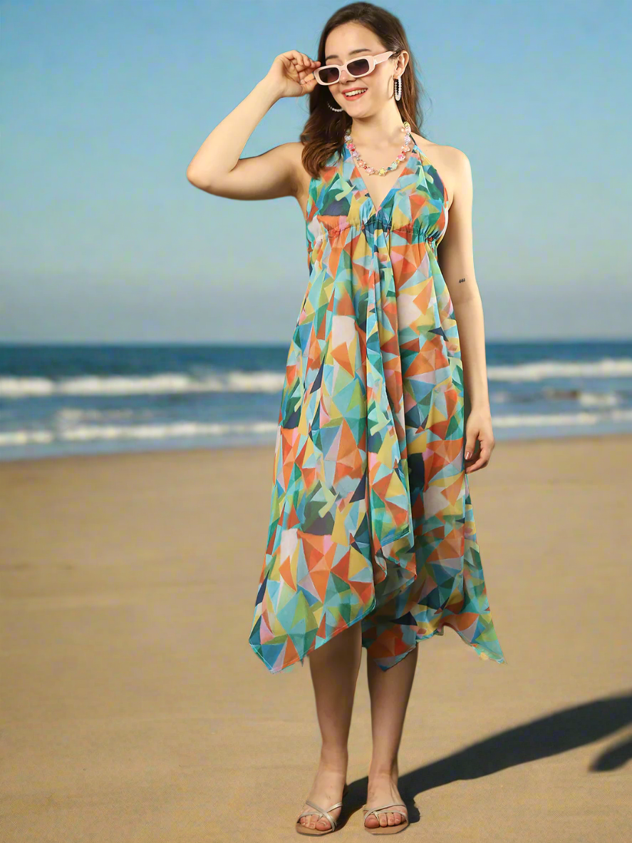 Multi Color Women Abstract Printed Swimwear Cover up Dress