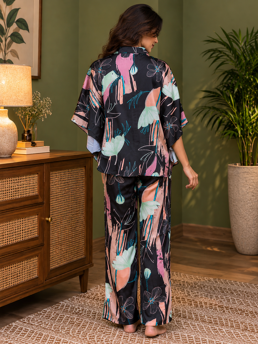 Black Abstract Satin Night Suit for Women – 3/4 Sleeve | Claura