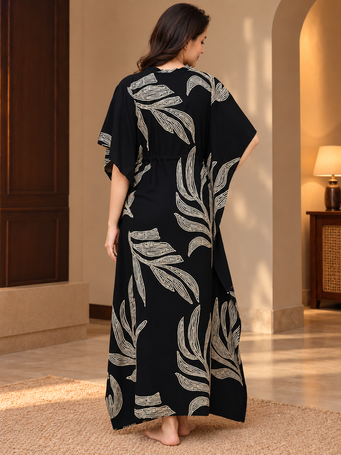 Black Floral Rayon Kaftan Dress for Women | Claura