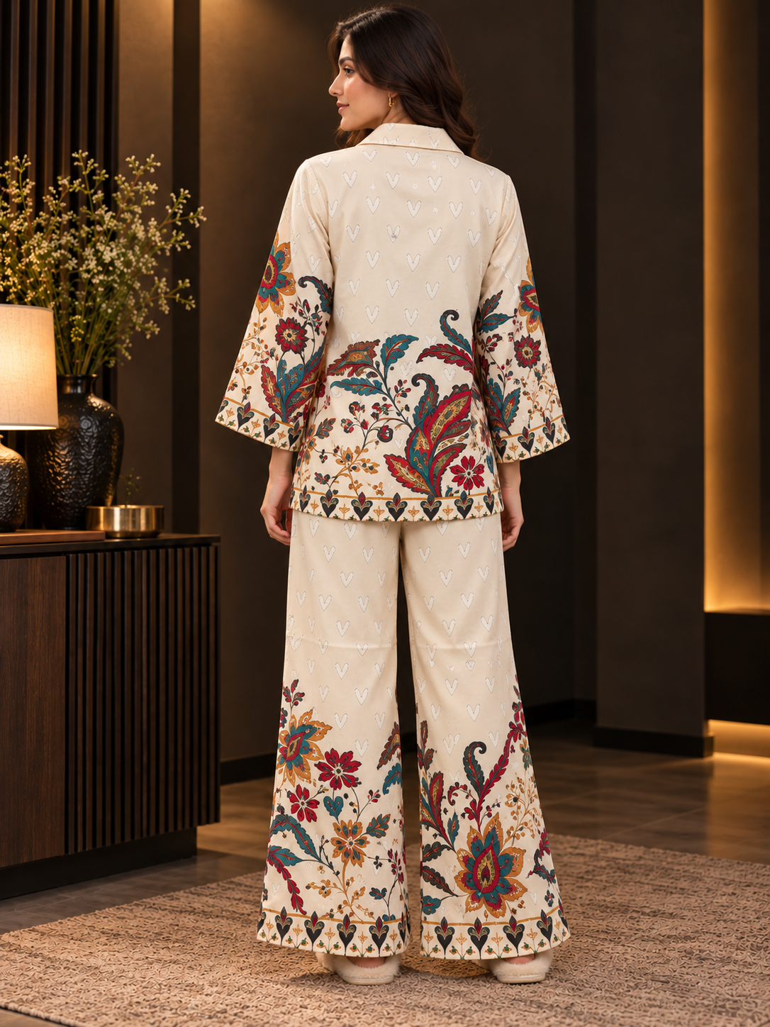 White Botanical Print Shirt Collar Night Suit For Women | Claura