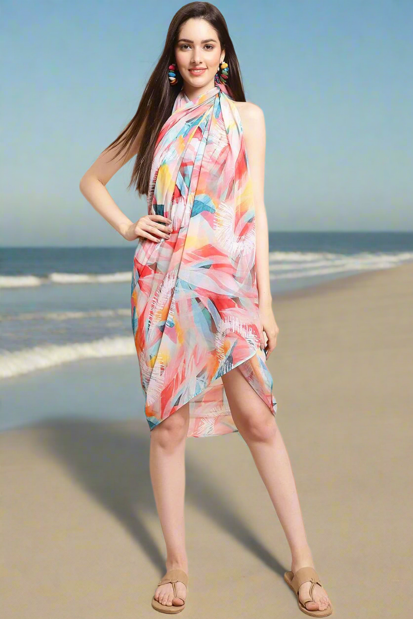 Multi Color Abstract Printed Georgette Swimwear Cover Up Sarong For Women