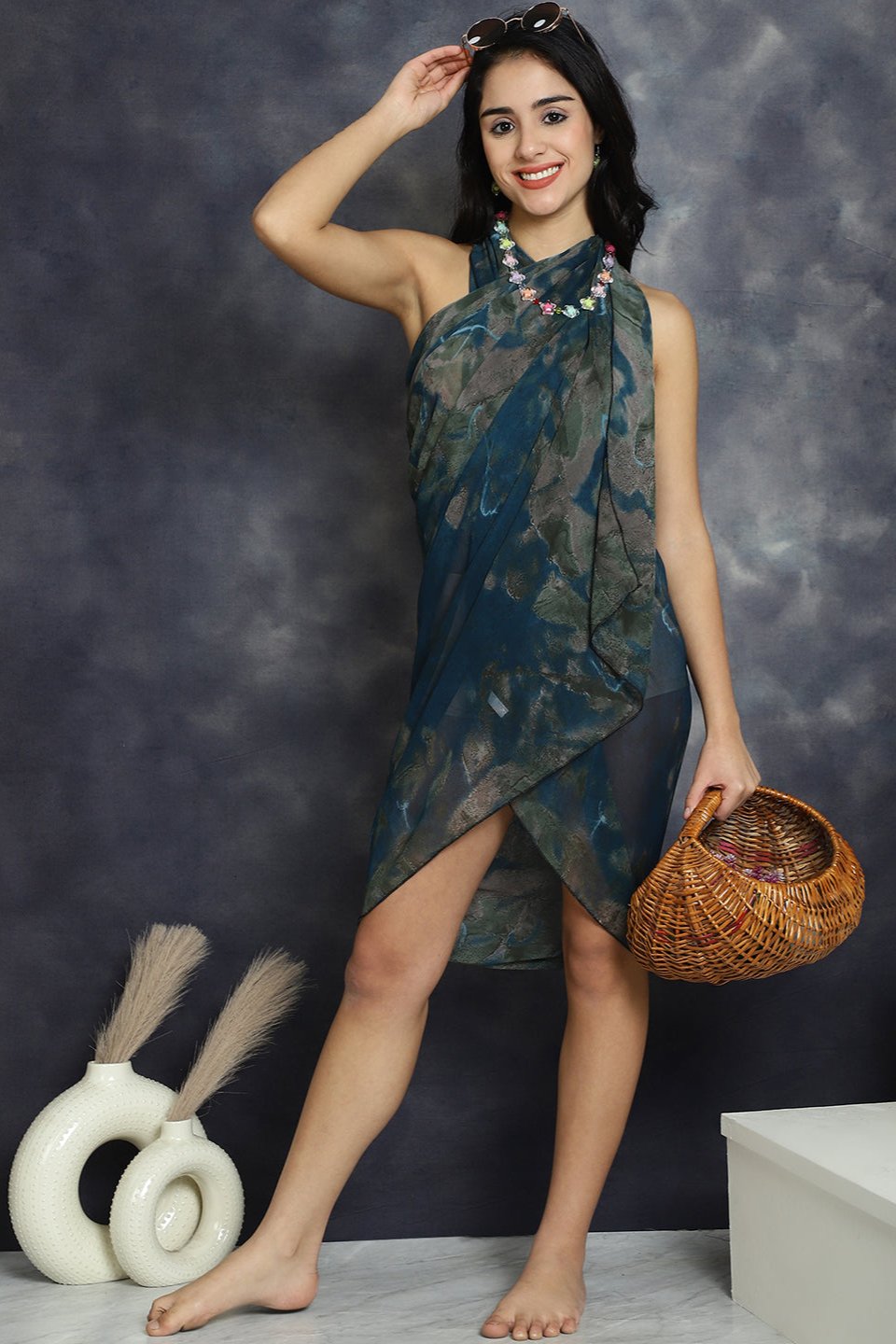 Close-up of georgette fabric on navy blue beach dress