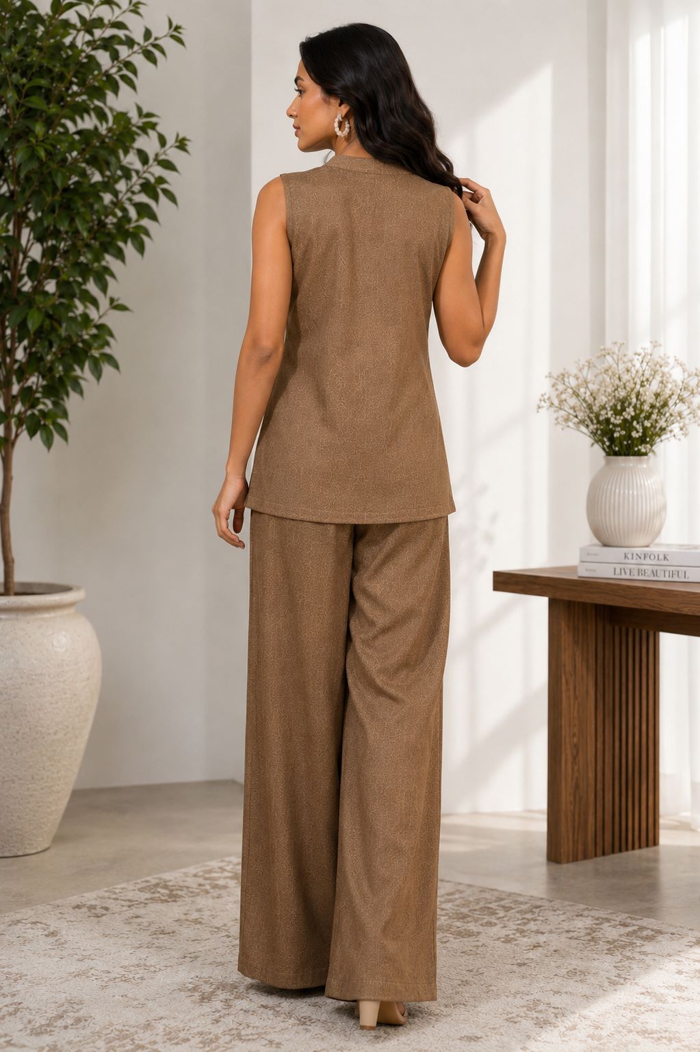 Brown Embroidered Sleeveless Linen Top & Palazzo Set | Claura