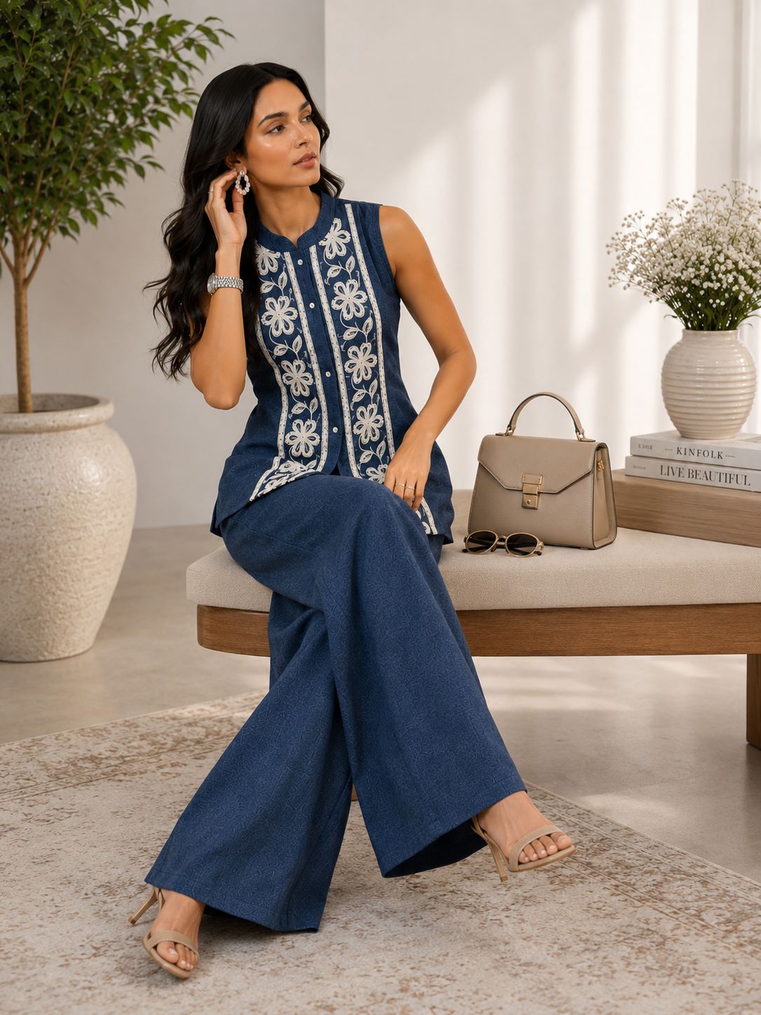 Blue Embroidered Sleeveless Linen Top & Palazzo Set | Claura