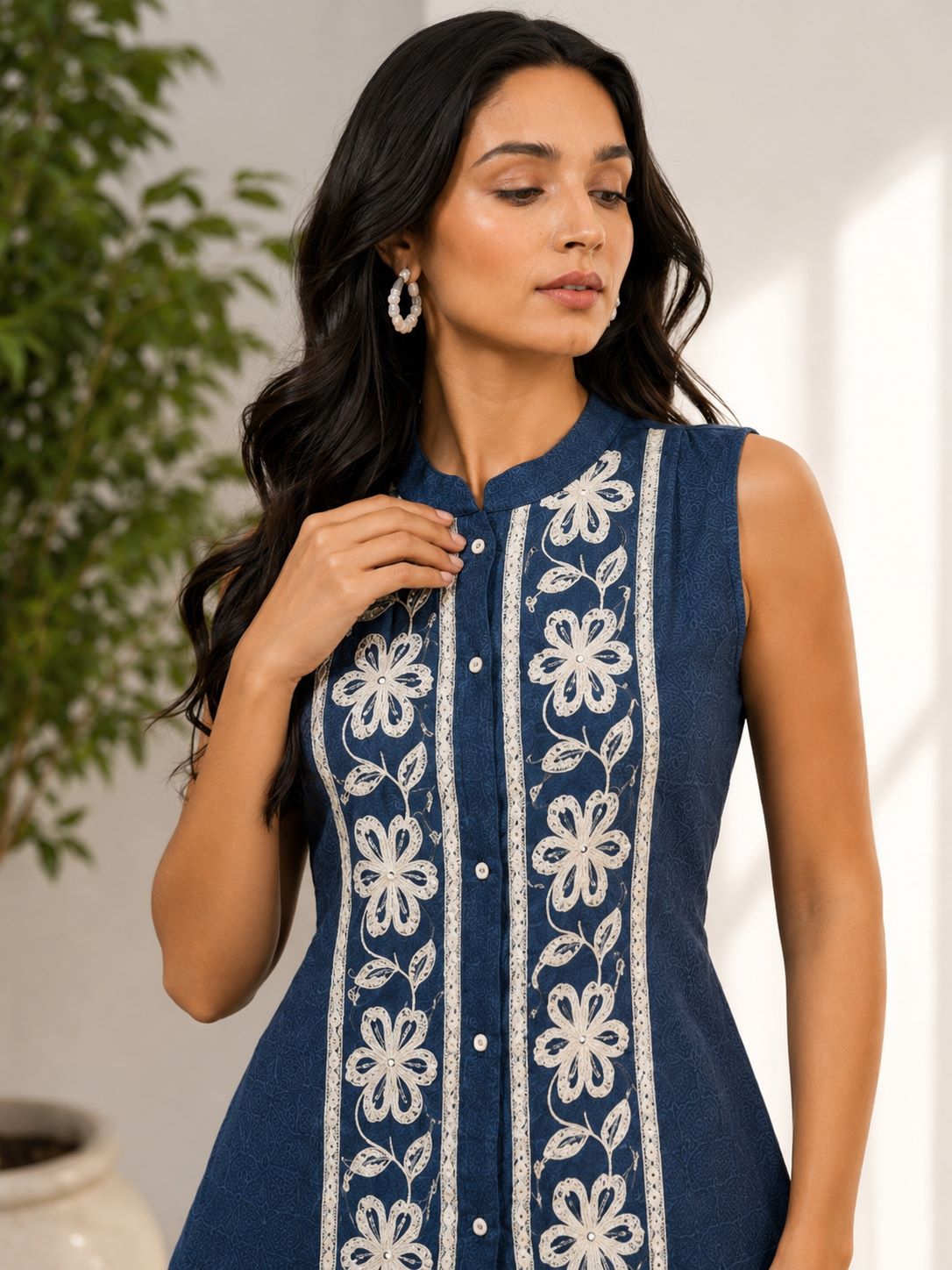 Blue Embroidered Sleeveless Linen Top & Palazzo Set | Claura