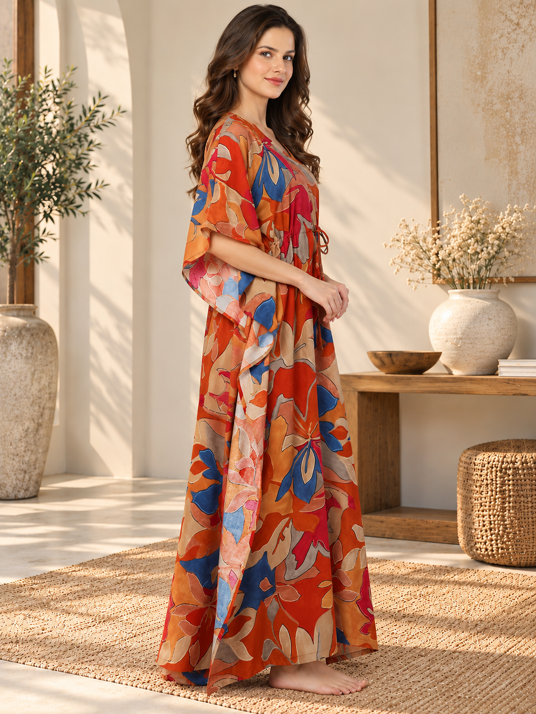 Orange Color Abstract Printed Viscose Rayon Kaftan | Claura