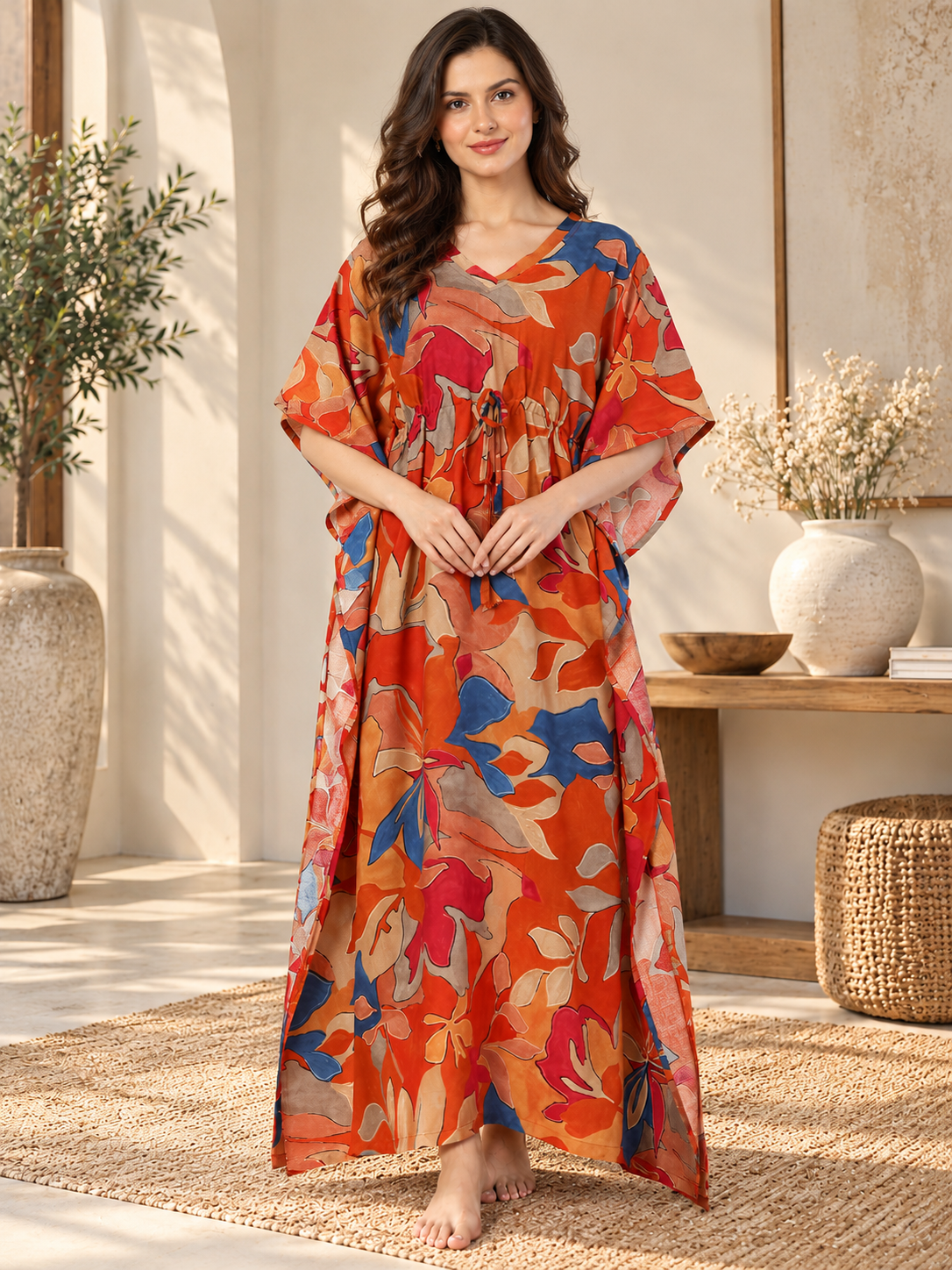 Orange Color Abstract Printed Viscose Rayon Kaftan | Claura