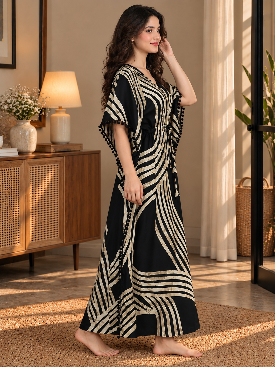 Black Rayon Kaftan Night Dress for Women | Claura