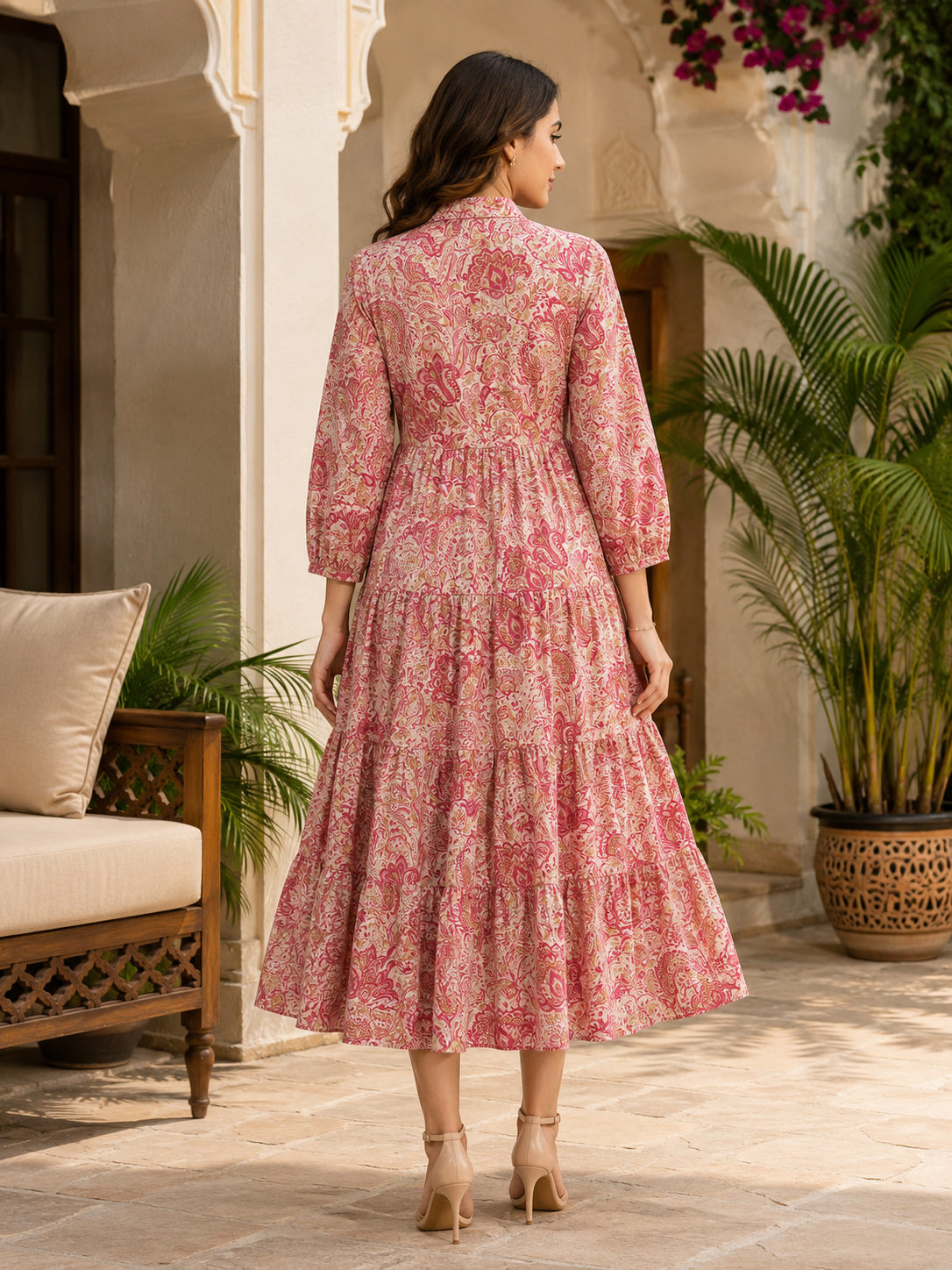 Pink Paisley Printed Gathered A-Line Midi Dress For Women | Claura