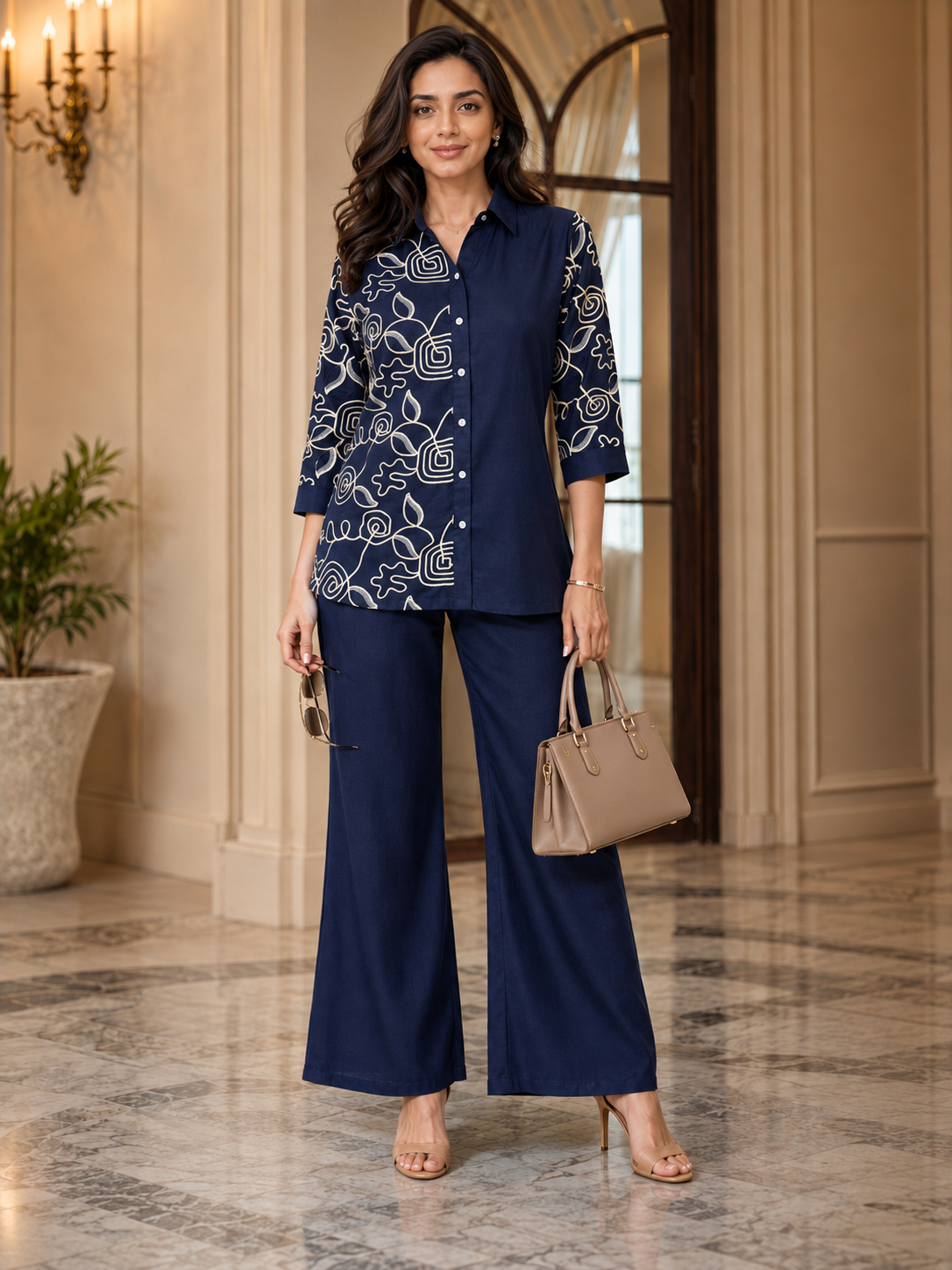 Navy Blue Floral Embroidered Linen Shirt-Style Tunic with Palazzos