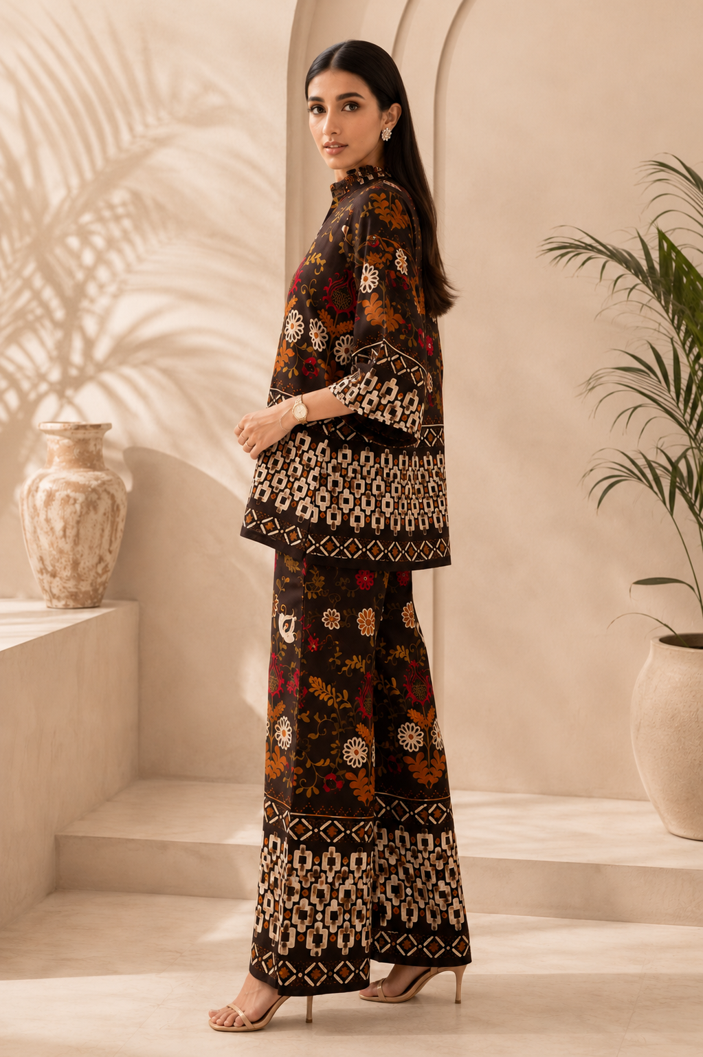 Brown Floral Printed Rayon Co-Ord Set For Women | Claura