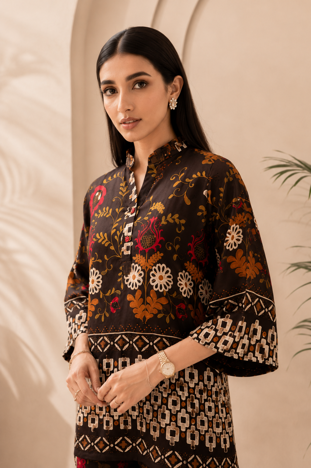 Brown Floral Printed Rayon Co-Ord Set For Women | Claura