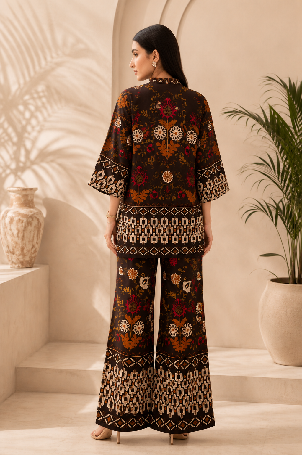 Brown Floral Printed Rayon Co-Ord Set For Women | Claura