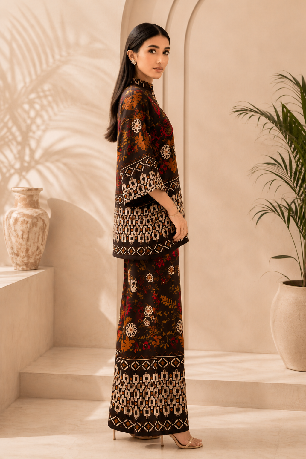 Brown Floral Printed Rayon Co-Ord Set For Women | Claura