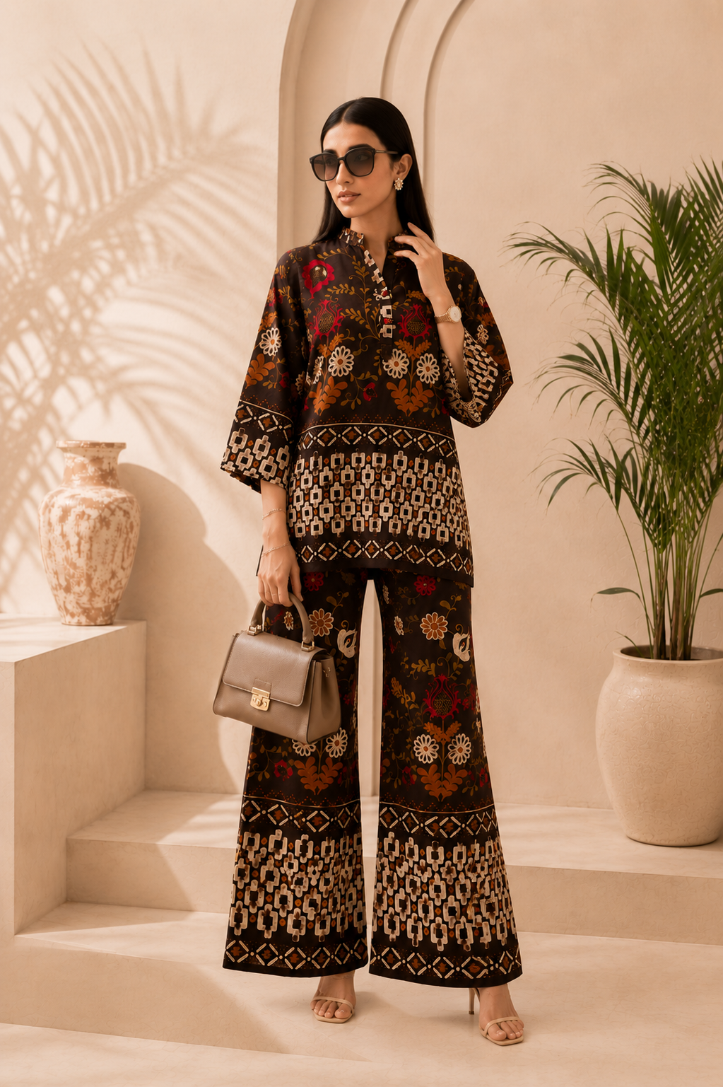 Brown Floral Printed Rayon Co-Ord Set For Women | Claura