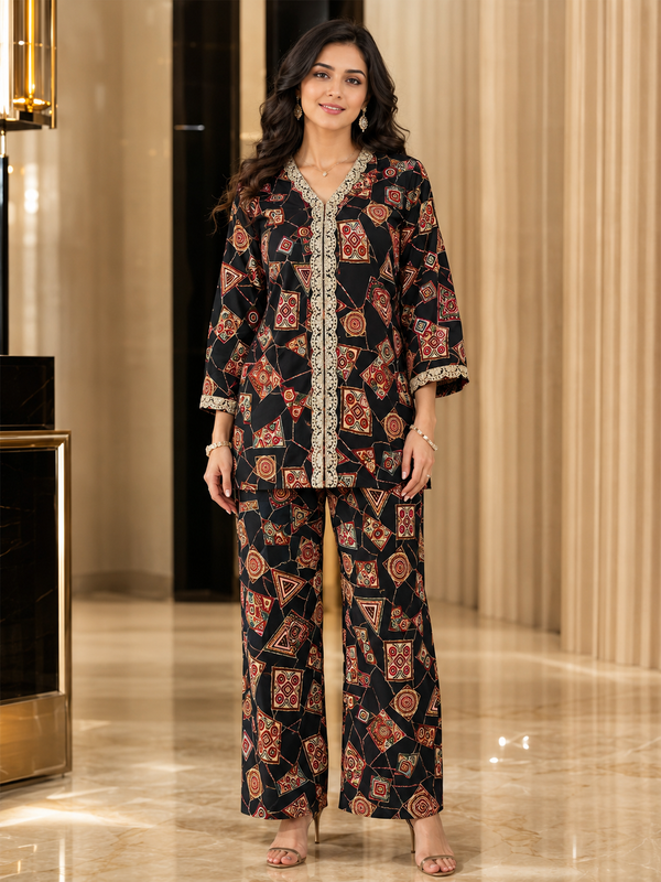 Black Printed V-Neck Tunic with 3/4 Sleeves & Palazzos | Claura